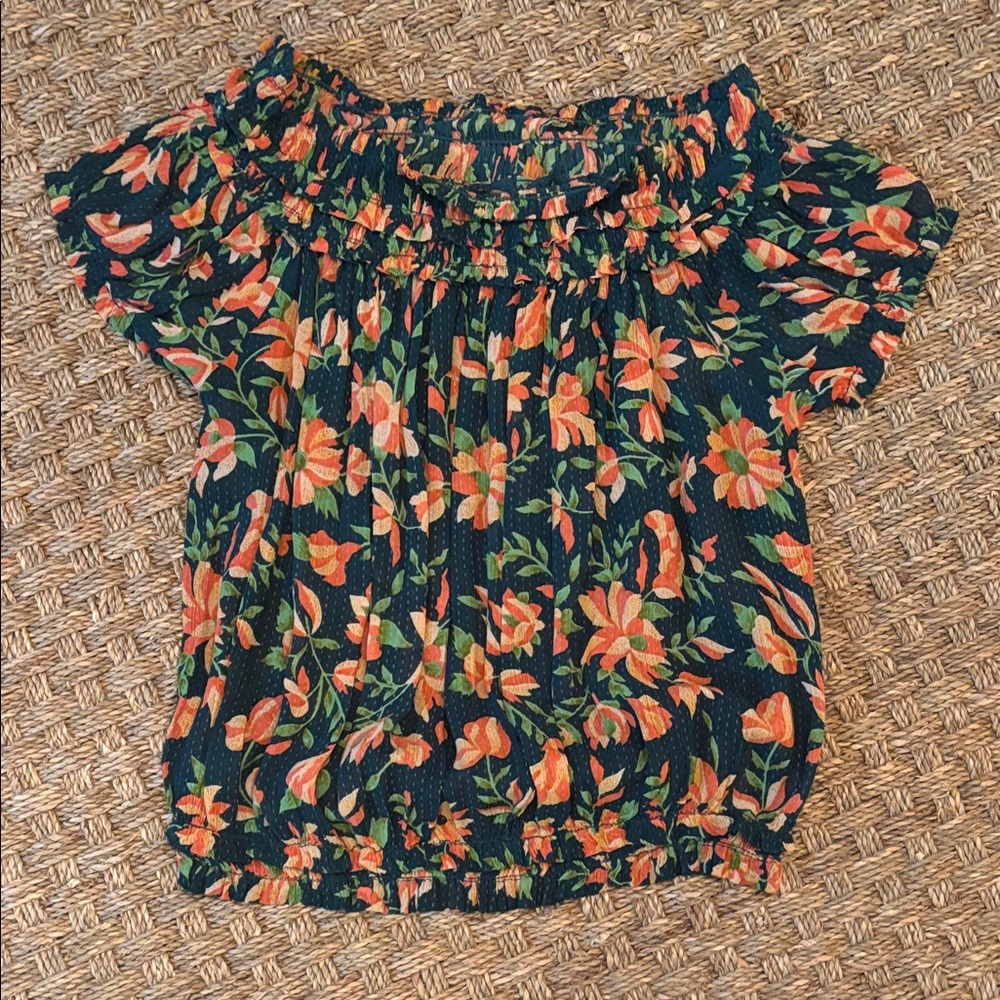 Free People Green Floral Off-Shoulder Crop Top with Orange Blooms